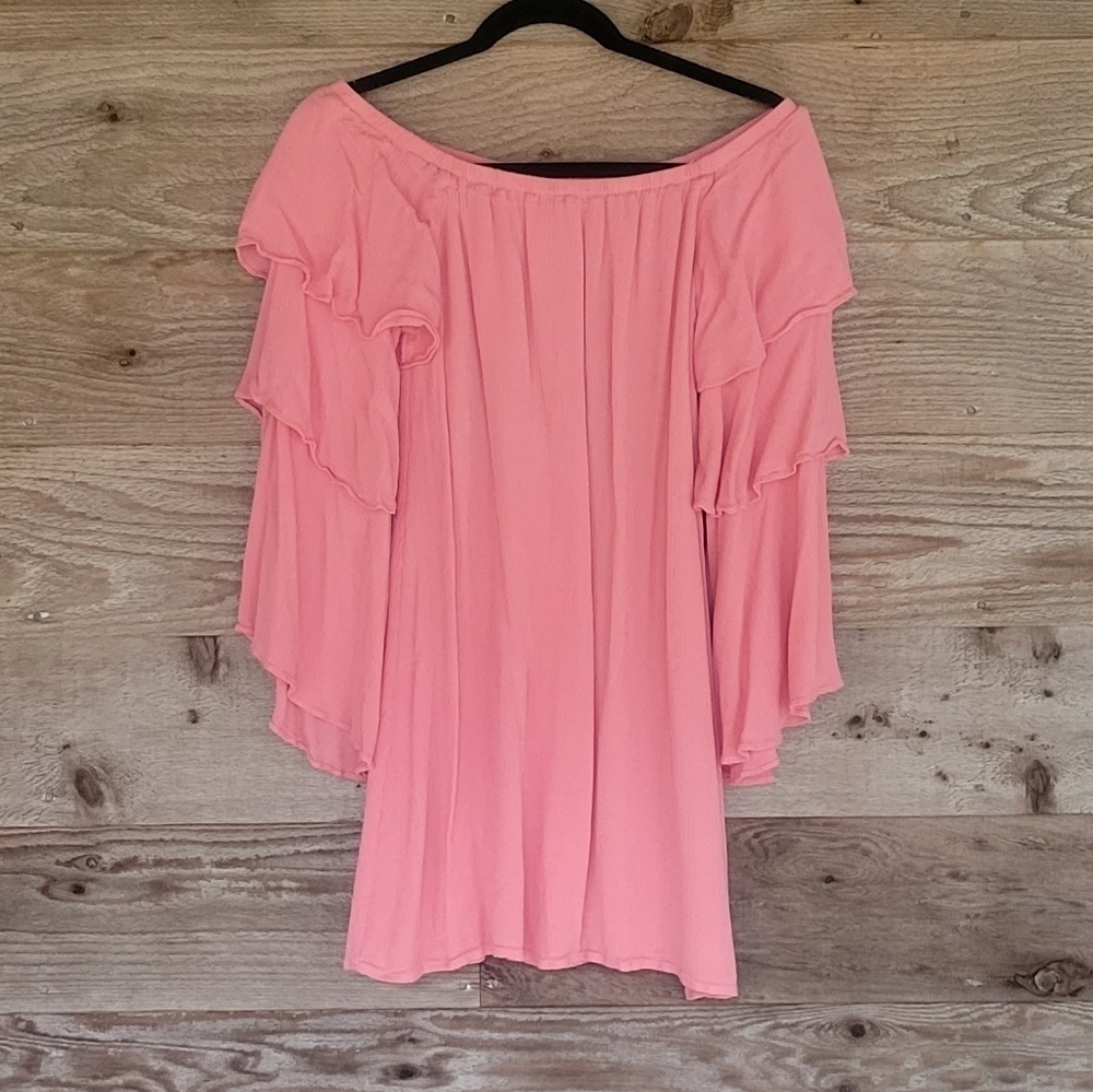 WAYF Brayden Coral/Pink Tiered Bell Sleeve Off Shoulder Dress Small NWOT